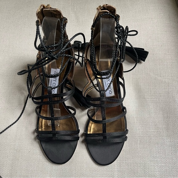 Jimmy Choo Caged Sandals Tassels Gold Patent Satin Diamond US 7 1/2 w Box - Picture 3 of 9